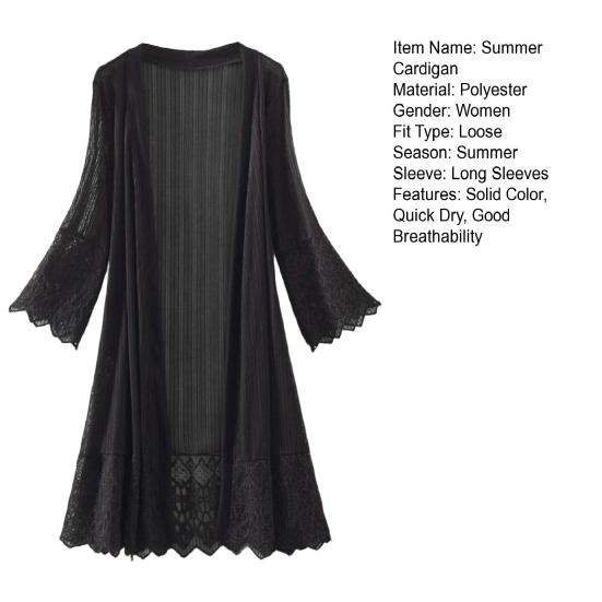 Summer Cardigan Mid Long See-through Lace Open Front Sheer Sun Protection Crochet Cardigan Beach Cover Up Streetwear