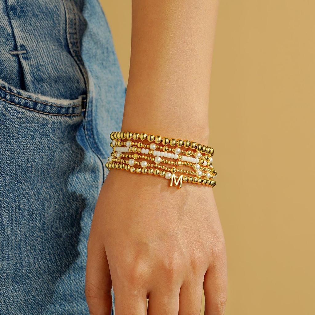 Turandoss 18K Gold Plated Beaded Stretch Initial Bracelet for Women Gifts