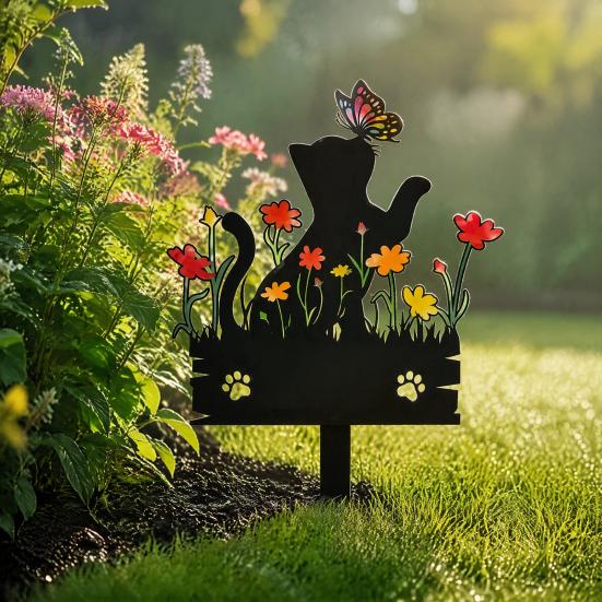 Metal Free Garden Stake Acrylic Kitten Silhouette Stake, Decorative Yard Sculpture with Flowers And Weatherproof Statue Butterflies, Waterproof