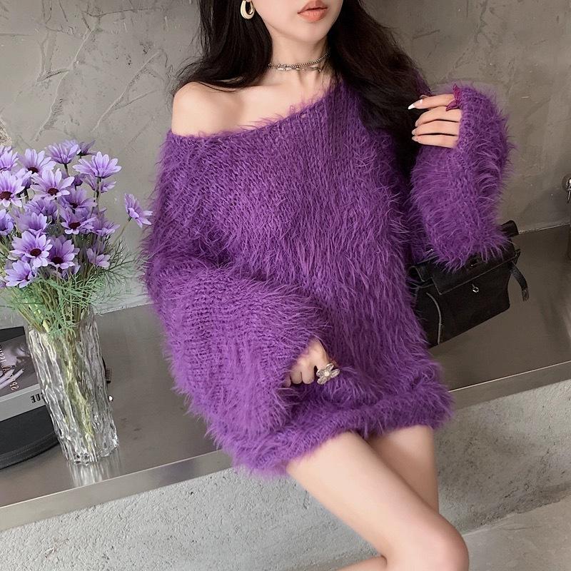 Dámský pletený svetr se svetrem s lodním límcem a volným svetrem z umělého norkového sametu