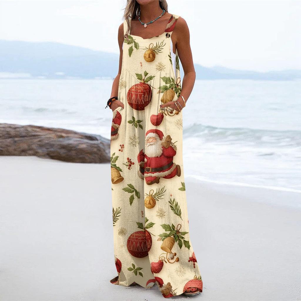 Women's Christmas Print Solid Wide Leg Strapless Tank Pocket Casual Onesie