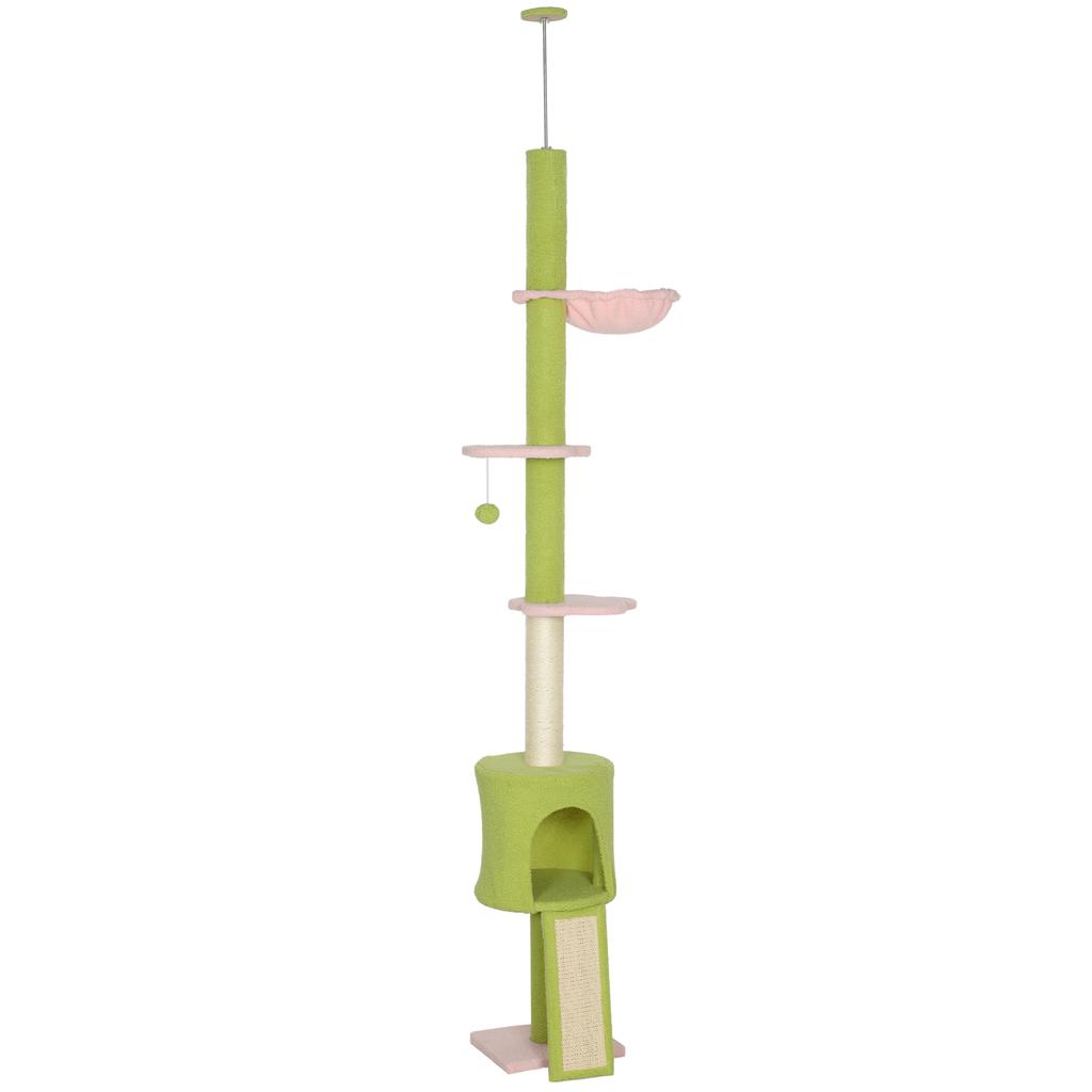 Floor-to-Ceiling Cat Tree, 5 Levels 220-240 Cm, Flower Platforms, Den, Hammock, Green