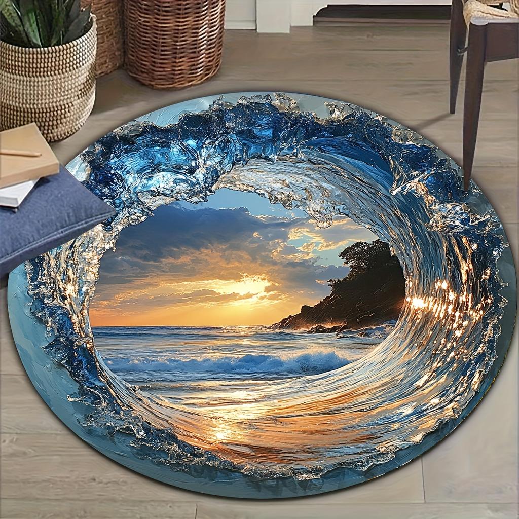 Ocean Wave Sunset Round Rug Flannel Printed Carpet Beach Theme Home Decor Cozy Soft Floor Mat Living Room Indoor Use
