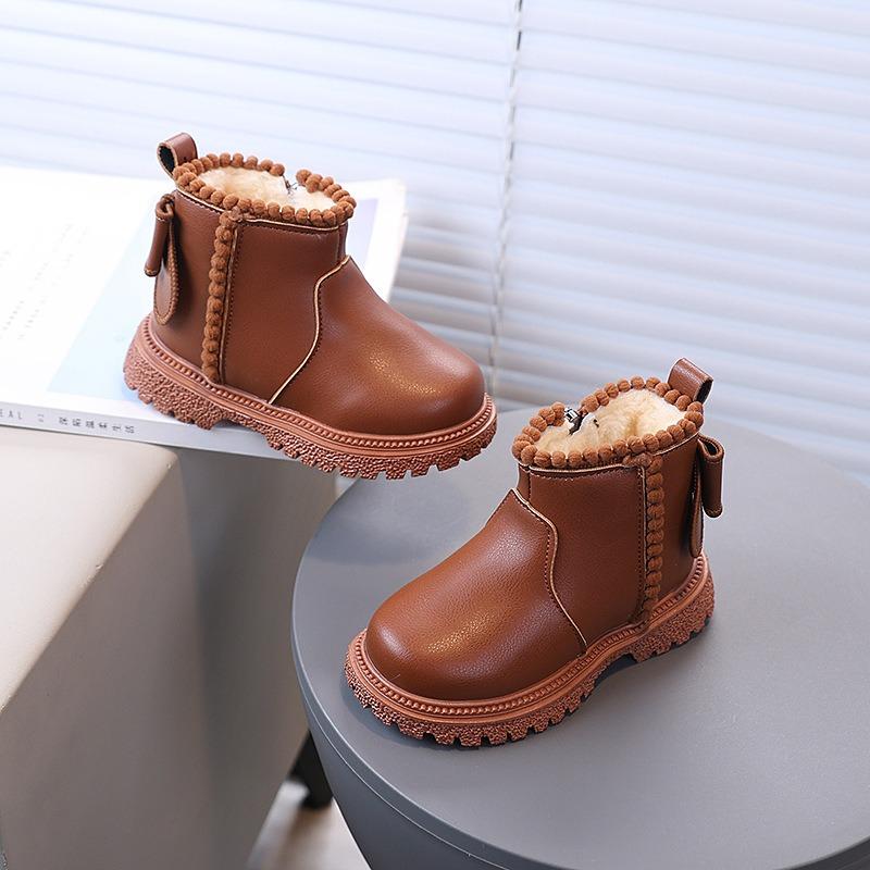 New Winter Korean Style Lined Children's British Ankle Boots Girls Side Zipper Fashion Soft Durable Leather Boots