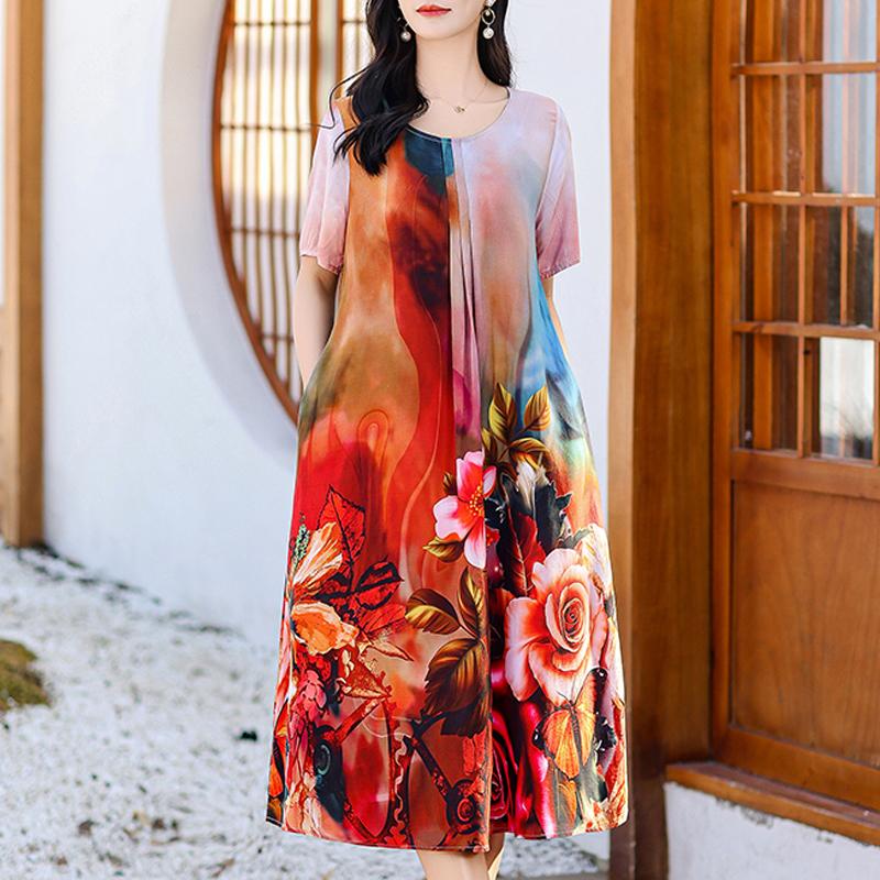 Summer Elegant Long Dresses for Women Plus Size Loose Short Sleeve Vintage Print Women's Dress