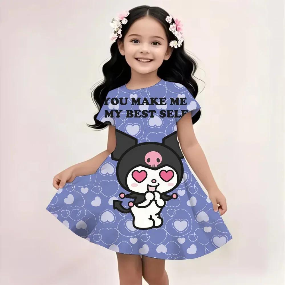 2025 Summer Girls Dress Fashion Cartoon Cute Cinnamoroll &Hello Kitty 3D Printing Dresses Kids Short Sleeve Princess Clothing