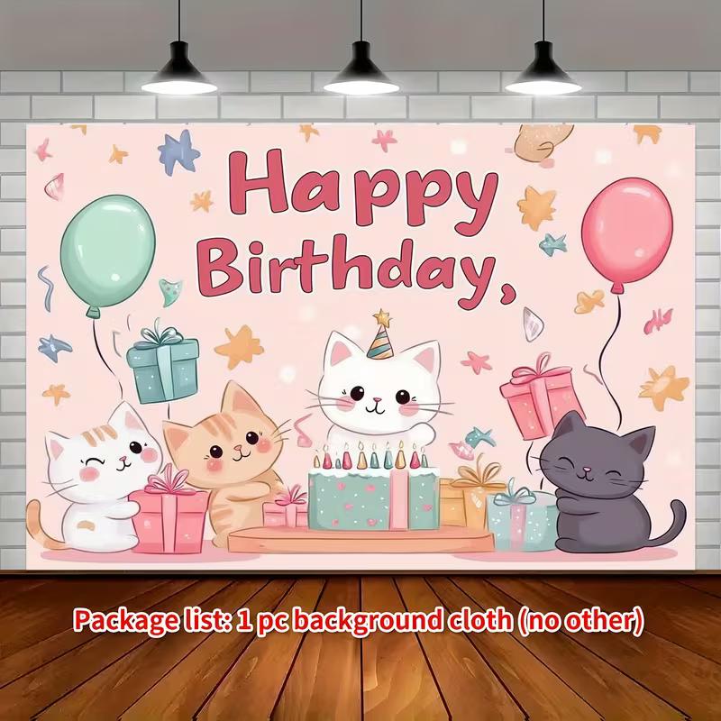 2D Cartoon Cat Themed Kids Birthday Backdrop Photo Background Banner 47.2x31.5inch/120*80cm