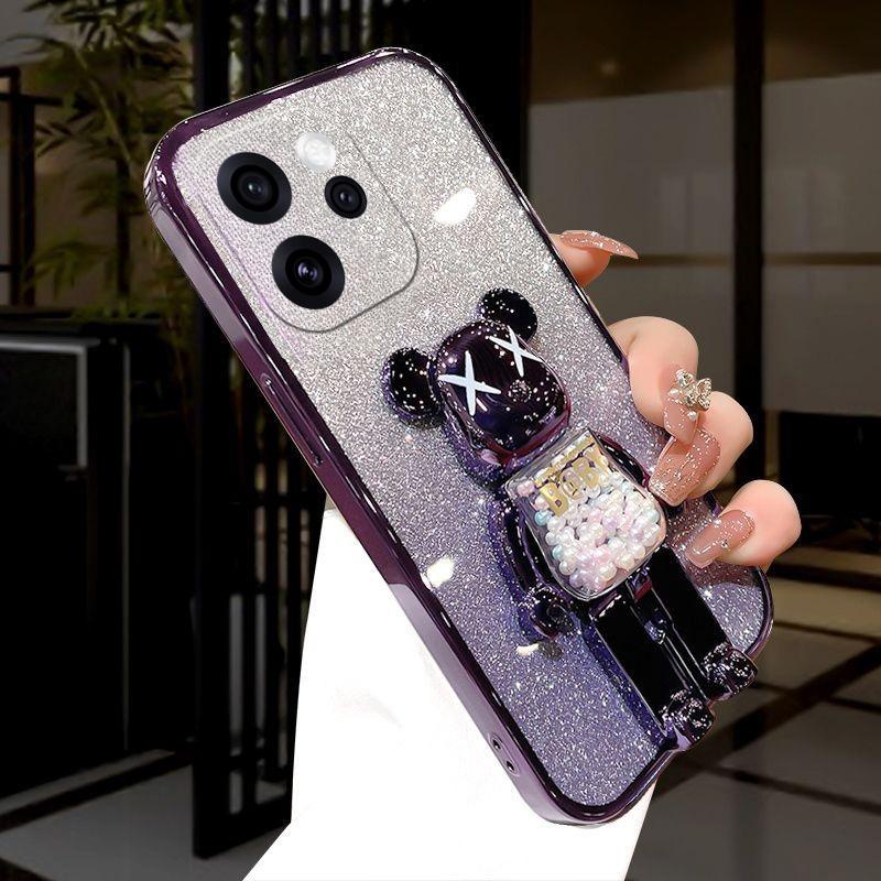 For OPPO Reno 15 Pro 15F Case with Cartoon 3D Bear Stand Luxury Slim Gradient Plating Glitter Girls Stylish For OPPO Reno 15F 15 Pro Back Cover