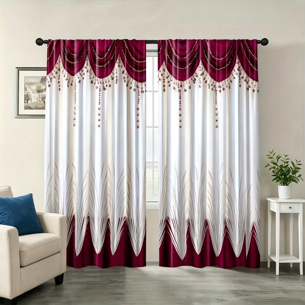 2 Pezzi di Tende Patchwork Stile Europeo Luce Lusso Bordo e Bianco, Design con Tasca per Asta, Tende Semitrasparenti in Poliestere