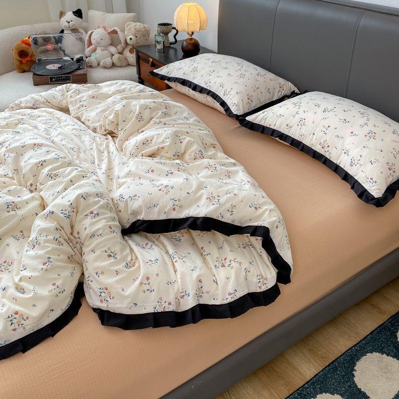 INS French Style Floral Simple Black Lace Double Layer Gauze Bedding Set Washed Cotton Bed Sheet Fitted Sheet Fresh Quilt Cover