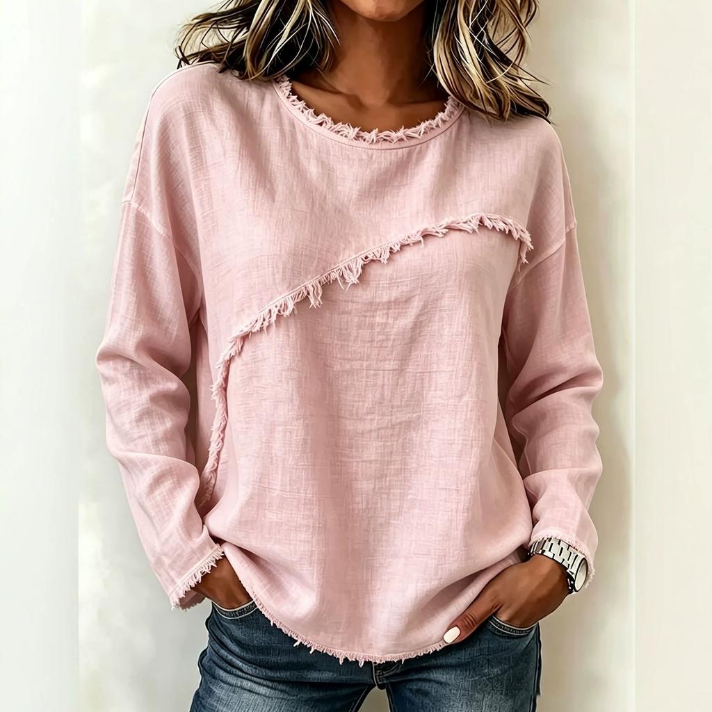 Women Solid Color Raw Edge Long Sleeve Top Casual Loose Fit Pullover Sweatshirt