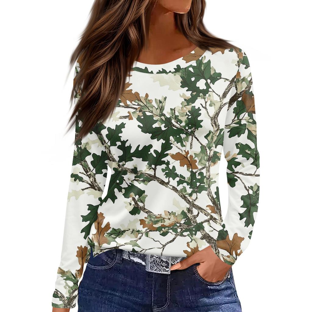 Damenmode Saumschlitz Lässig Totblatt-Print Rundhals Langarm Oberteil