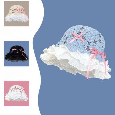 Japanese Sweet Hand Knitted Bow Lace Fisherman Hat Women Summer Literary Retro Hollow Knitted Pot Hat