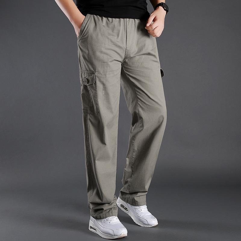 Pure Cotton Casual Large-size Trousers Men's Book Elastic Waistband Multi-pocket Overalls Outdoor Sports