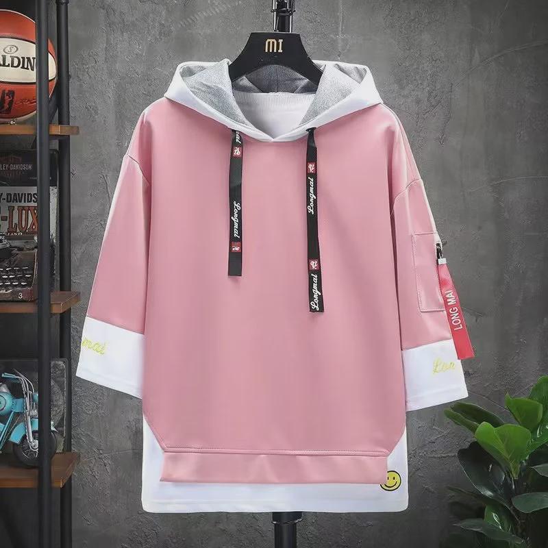 Trendy Hong Kong-Style Hooded Two-Piece Sweatshirt: Youth Loose-Fit 3/4 Sleeve Summer Top