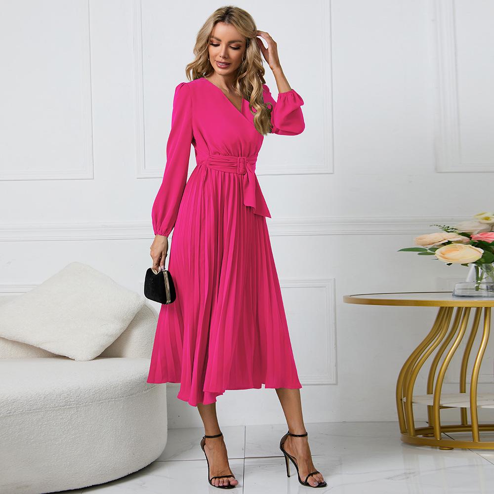 2022 European & American Slim Fit V-Neck A-Line Dress with Belt & Pleated Long Sleeves for Women