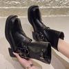 Fashion Punk Style Buckle Strap Mid-Calf Boots Women Black PU Leather Platform Western Boots Woman Big Size Square Toe Thick Heels Boots