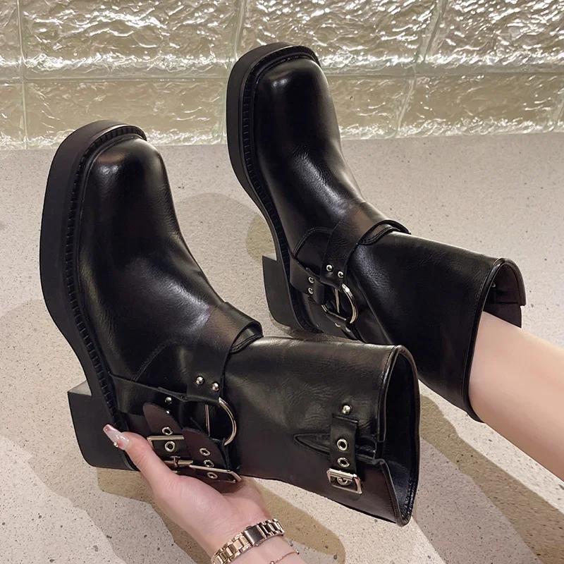 Fashion Punk Style Buckle Strap Mid-Calf Boots Women Black PU Leather Platform Western Boots Woman Big Size Square Toe Thick Heels Boots