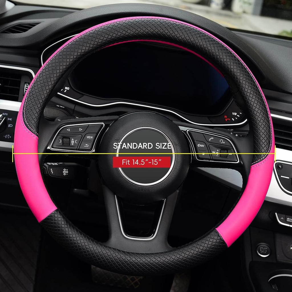 LABBYWAY Steering Wheel Cover, Universal Fit 15 Inch Microfiber Leather Car Wheel Protector, Anti-Slip, Pink
