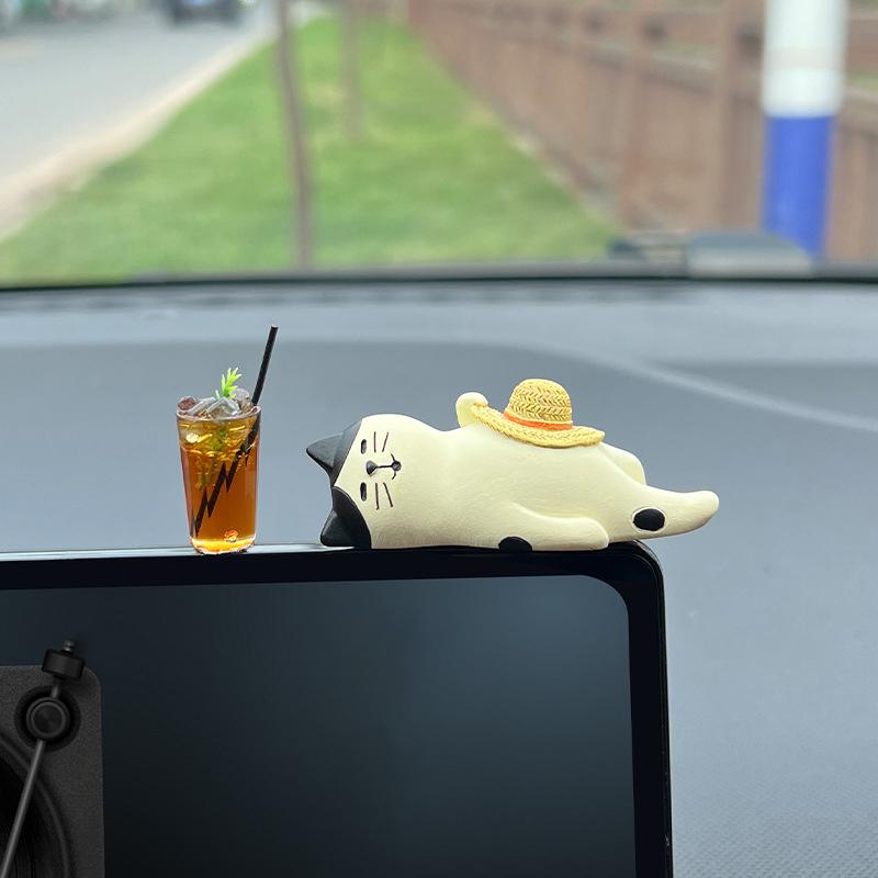 

DIY Miniature Lemon Tea Cat Action Figure, Cute Car Dashboard Ornaments Vehicle Decor