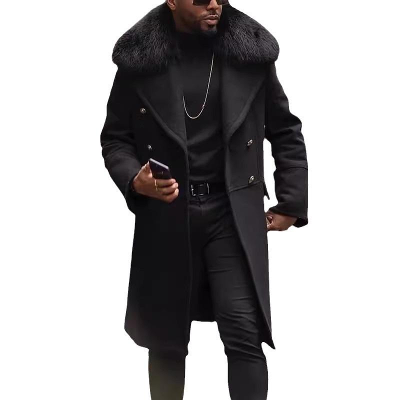 Men's Plus Size Double-Breasted Fur Collar Wool Coat