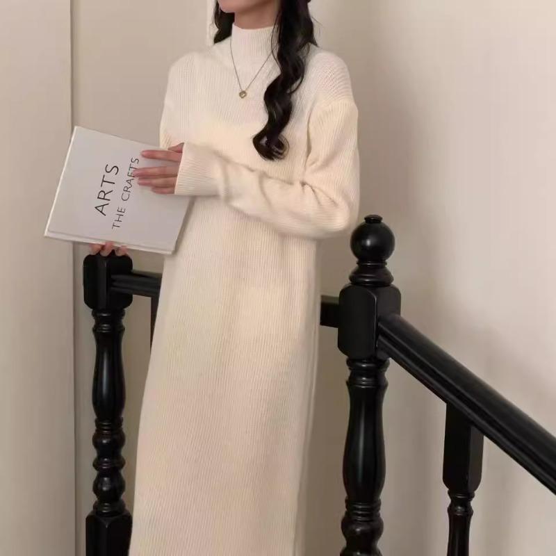 Semi-turtleneck knitted dress autumn and winter with long base over the knee temperament versatile split sweater skirt women