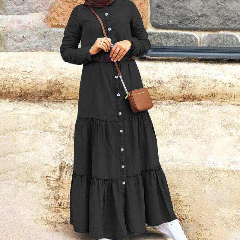 European and American Stand-up Collar Denim Button Long Dress