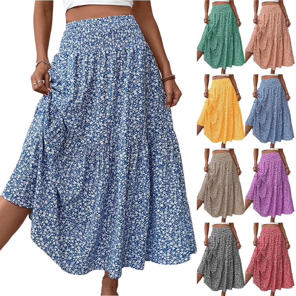 Women's Fashion Pleated Floral Print Elastic Waist Loose Splicing A Line Skirt