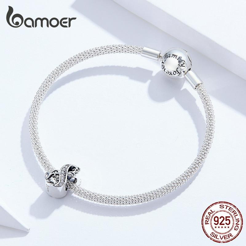 BAMOER Lucky Number 8 Bead Zircon Reliefs Real 925 Sterling Silver Charms Fit Original Bracelet