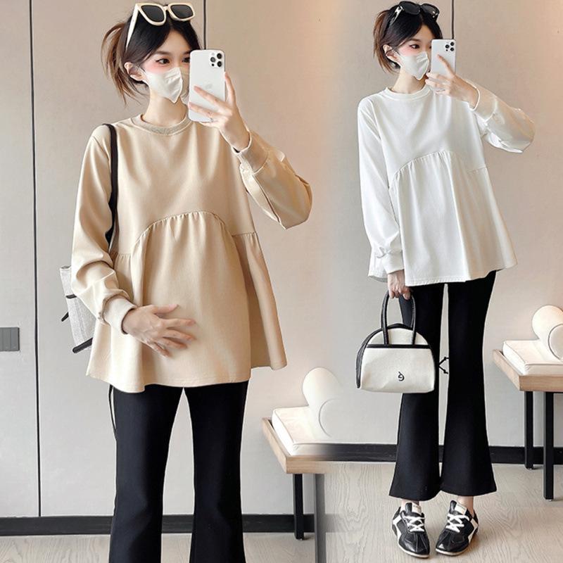Korean Style Khaki Babydoll Maternity Sweatsuit with Micro Flared Pants for Spring/Autumn