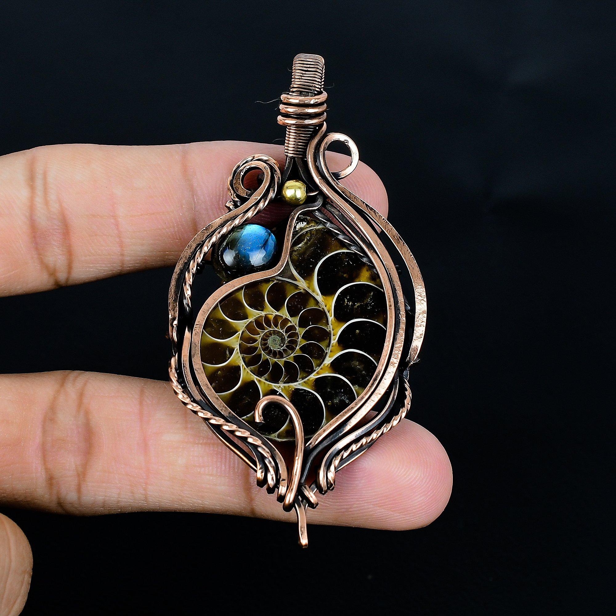 

Ammonite Fossil & Labradorite 999 Copper Wire Wrapped Pendant, Handmade Gemstone Jewelry Pendant For Memorial Day 2.55 Inches