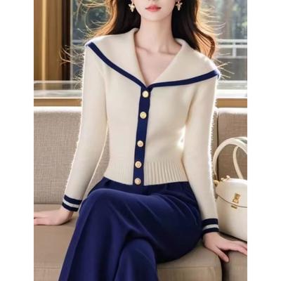 Elegant Sailor Collar Long Sleeve Cardigan Sweater Autumn Fashion Korean Knitted Top 2025 Fall Casual Winter Knitwear Clothes
