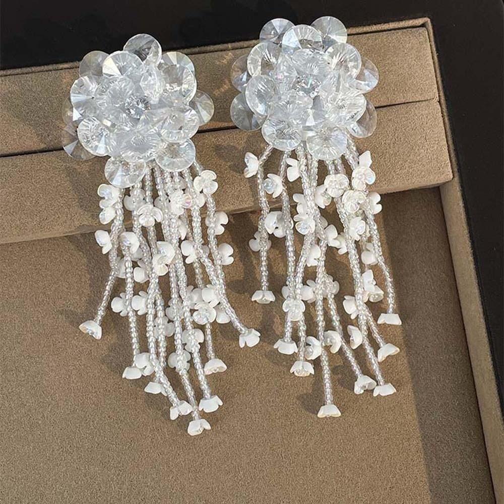 Rhinestone Floral Tassel Earrings Zinc Zinc Alloy Long Ear Drop Summer White Flower Earrings  Holiday