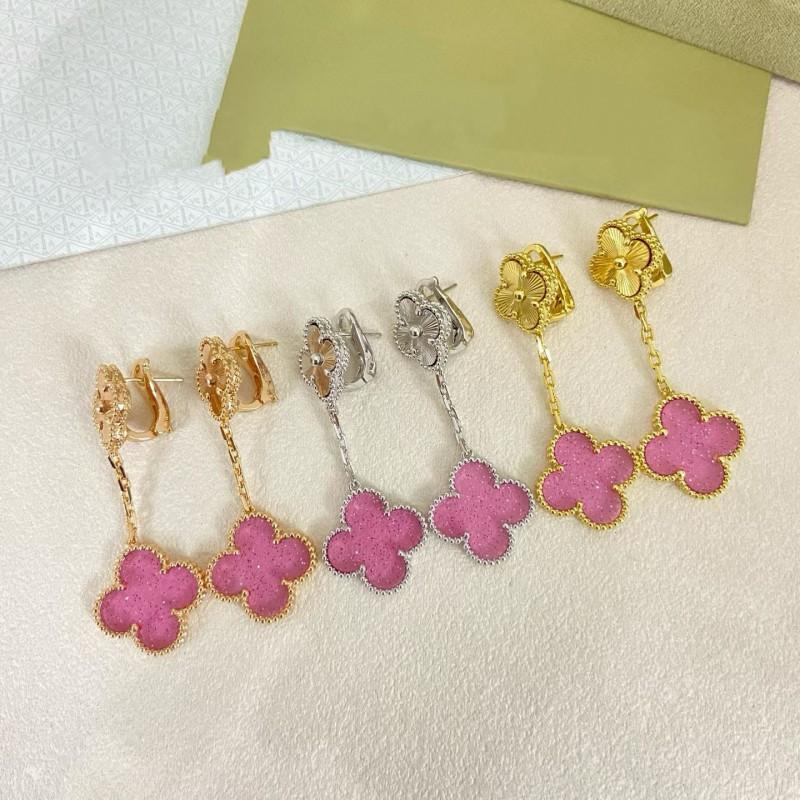 Elegant Pink Clover Flower Jewelry Set Women - Necklace Bracelet Earrings In Gold Plated Copper Lightweight Fashion Accessory