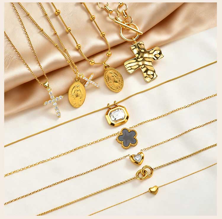 Stainless Steel Pendant Necklaces Women, Cross Virgin Mary Clover Heart Charms Necklace, Tarnish Resistant Waterproof Jewelry