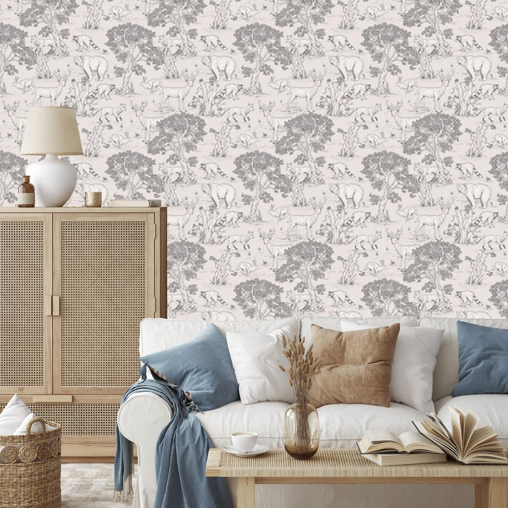 Forest Wallpaper Animals Trees Sketch for Living Room and Bedroom 50x1000