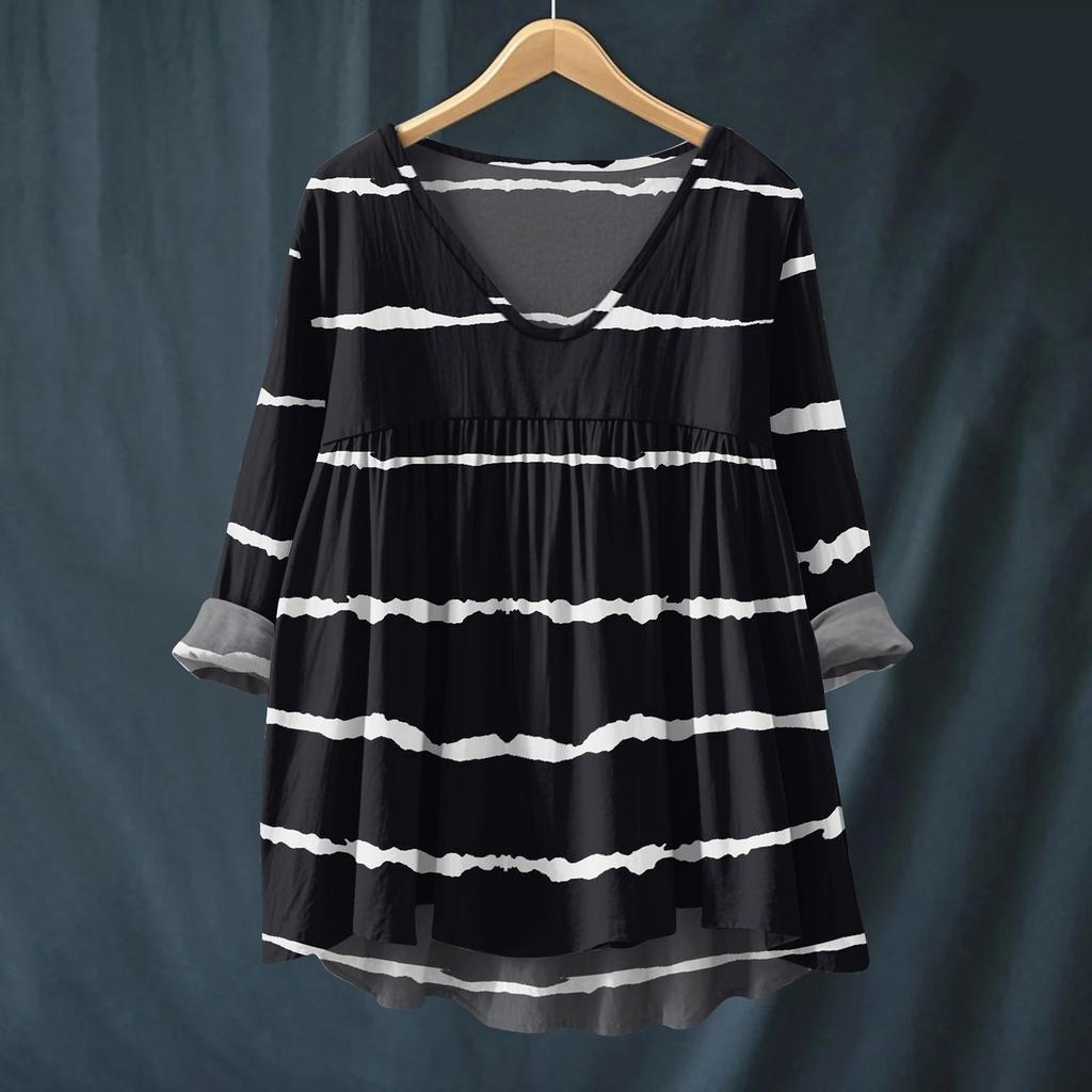 Women's Fashionable And Casual Shirt Long-sleeved V-neck Print Cotton And Linen Blouse