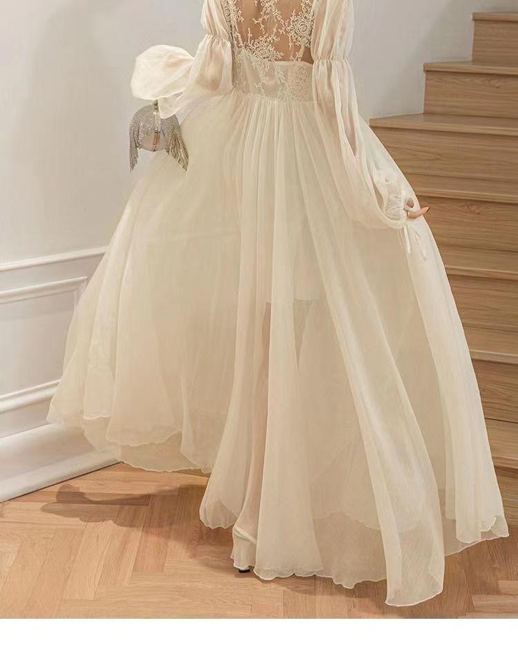 Robe d'été chic beige en mousseline 2025: Style de robe de chambre du matin, parfait pour les vacances ou les photos de mariage (F912)