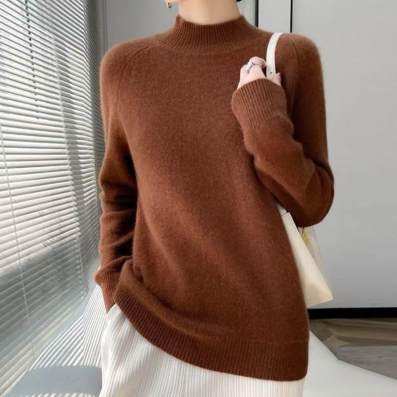 Women's Round Neck Double-Ply Pure Wool Sweater - Thickened Plus Size Solid Color Cashmere Knit Pullover