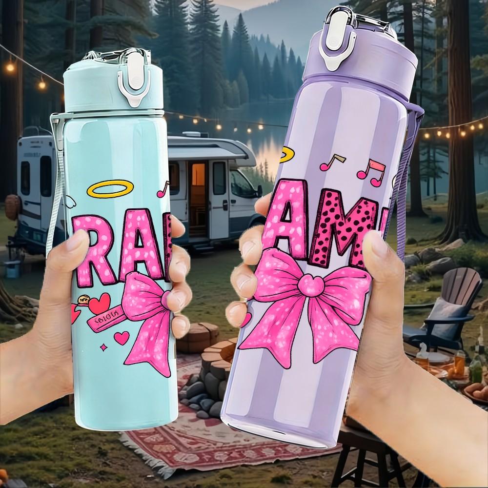 1PC Grammy Bow Heart Art 750ml Color Plastic Sports Water Bottle Leakproof Flip Straw Lid Suitable for Sports Office Home Use
