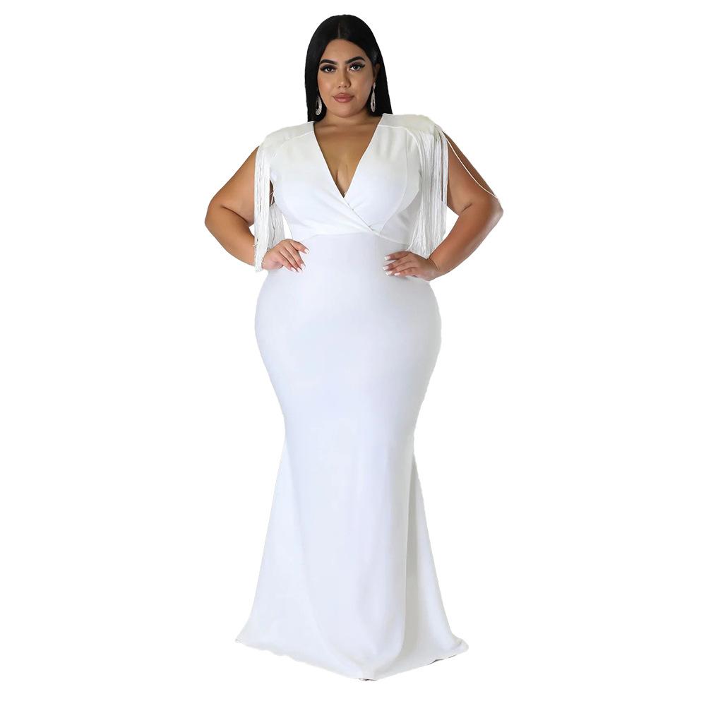 Plus Size Fringe V Neck Maxi Dress Long Sleeve Mermaid Gown Curvy Bodycon Fishtail Long Dress Sexy Tassel Shoulder Evening Party Formal Wedding Gown