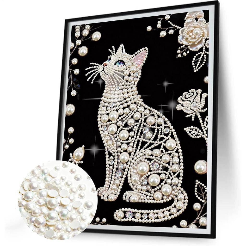 Pearl Painting Cat Shape Beaded DIY Frameless Handmade Craft DIY Pearl Painting Kits for Home Wall Women Birthday Mother's Day