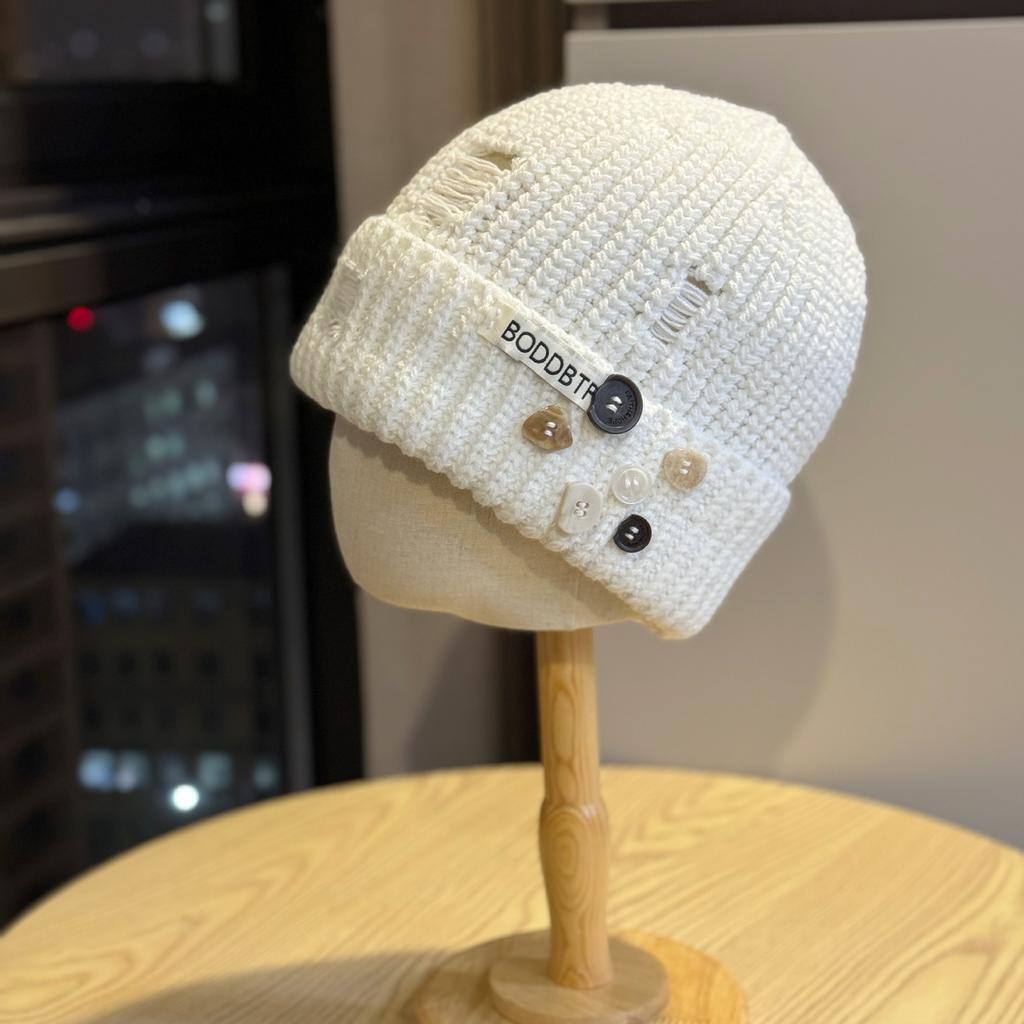 Distressed Knitted Woolen Hat with Holes for Women Autumn and Winter Retro Baotou Cold Hat for Men