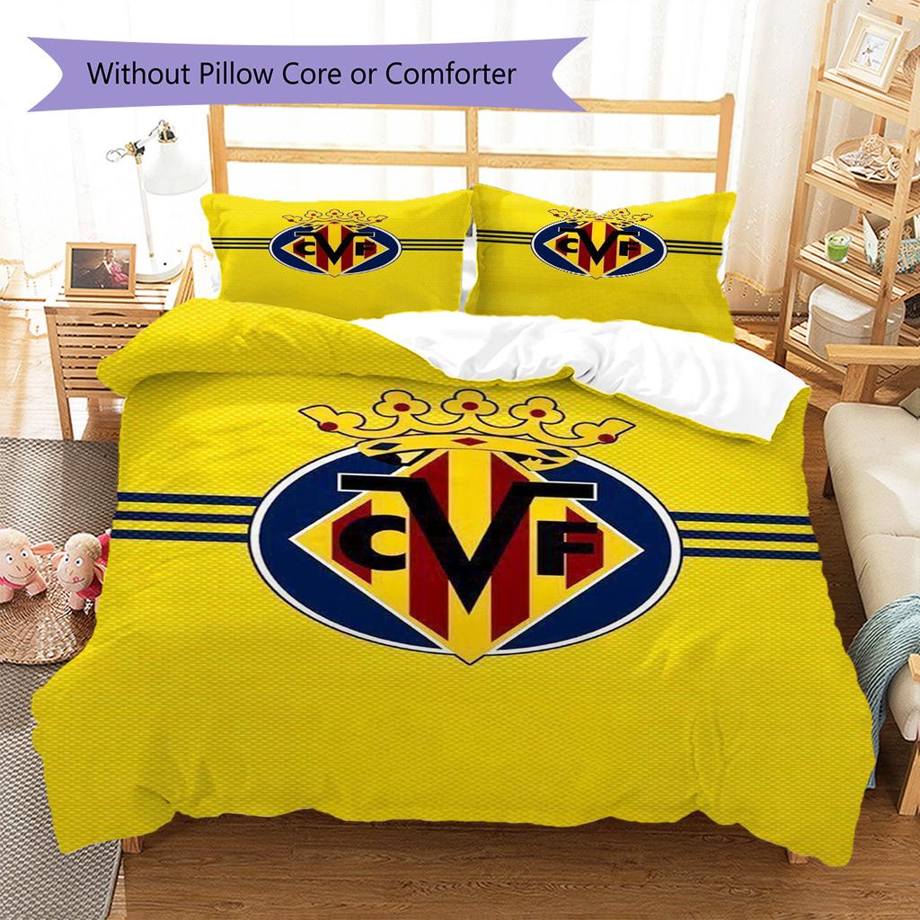 Villarreal CF Pattern Bedding Set Quilt Cover Pillowcase Home Decor Gift (1 * Duvet Cover + 2 * Pillowcase, Without Core)