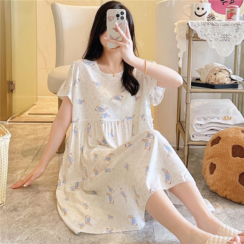 Cotton and Silk Nightgown Women's Summer Short-sleeved Large-size High-end Printed Maternity Pajamas Can Be Worn Outside Long Loungewear