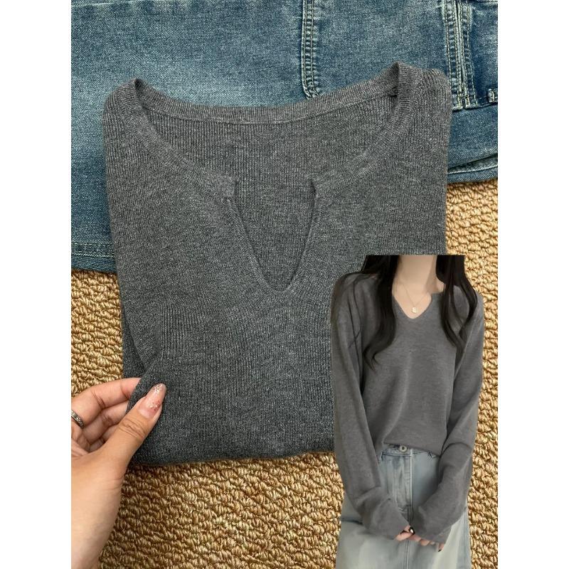 

Lazy and relaxed soft waxy collar front shoulder bottoming top women s spring loose and thin inside knitted long sleeves L темно-серого