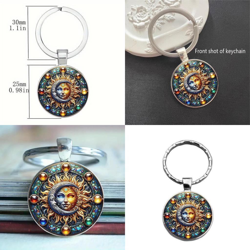 Cute Sun Moon Glass Pendant Keyring Portable Key Organizer For Gift Or Personal Use