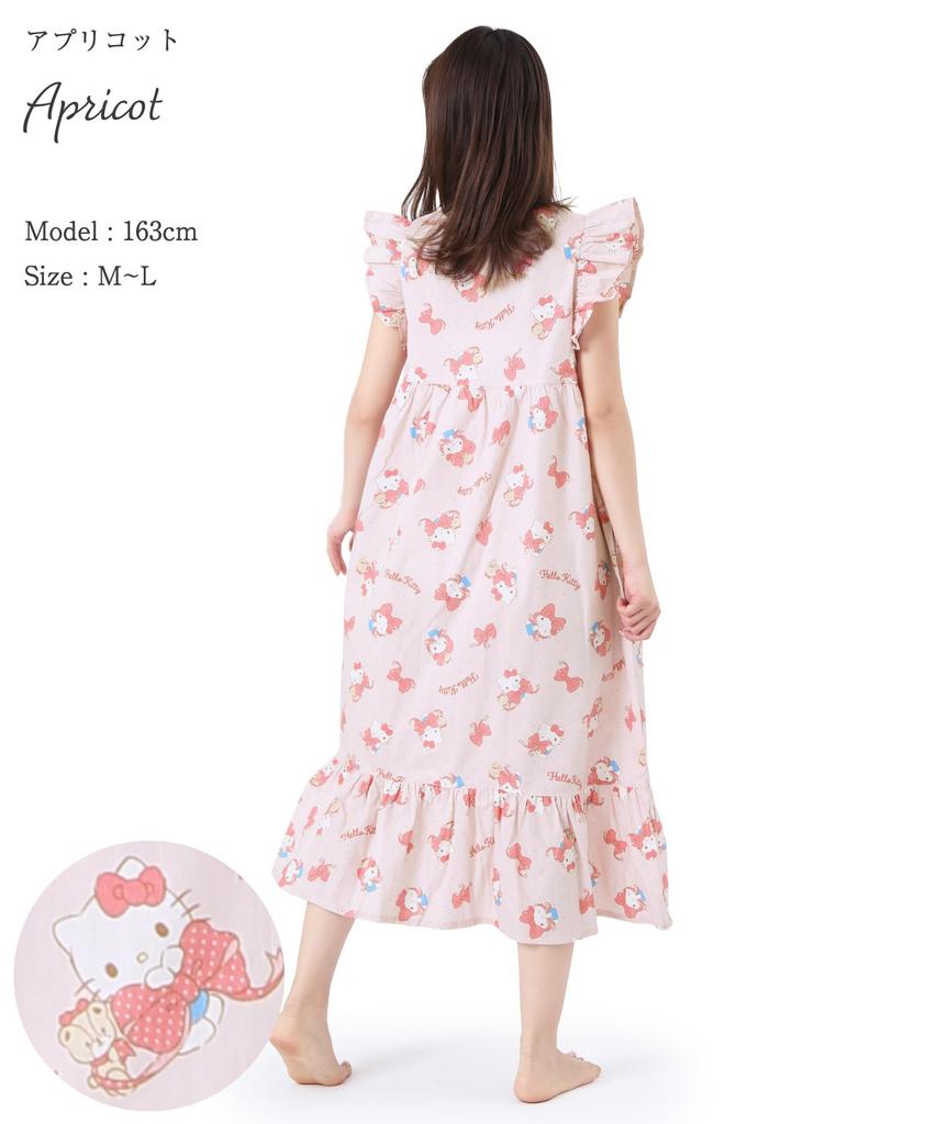 Hello Kitty Nattkjole Poplin Bomull Pyjamas Romklær Loungewear Sløyfe Hello Kitty [SAZAC] Ett stykke 100% Dame Knappelukking