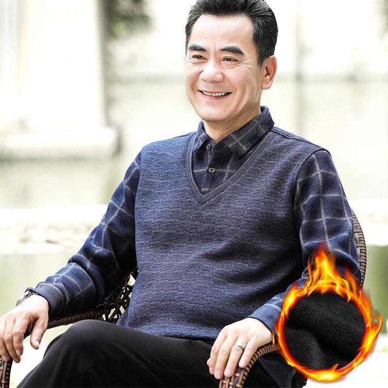 

Мужской вязаный свитер средней возрастной группы, имитация двойки - Теплый, толстый, с плюшевой подкладкой для зимы 4XL-200-215 lbs