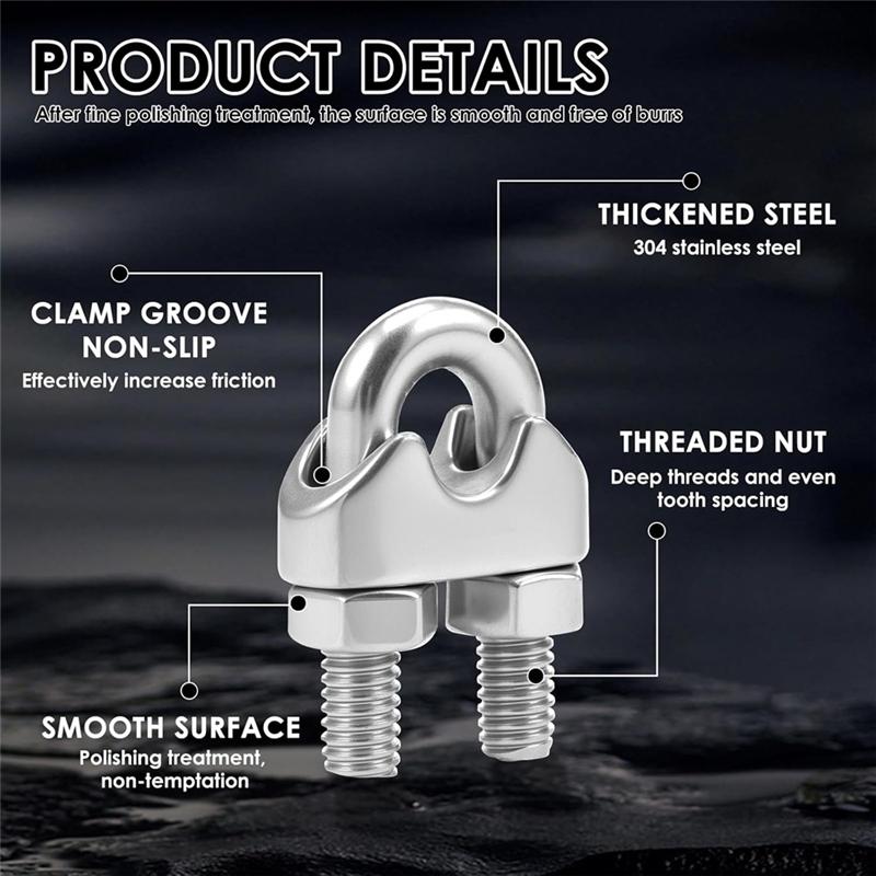 AT19-M6 304 Stainless Steel Wire Rope Clamps 20Pcs U Bolt Saddle Fastener Cable Thimble